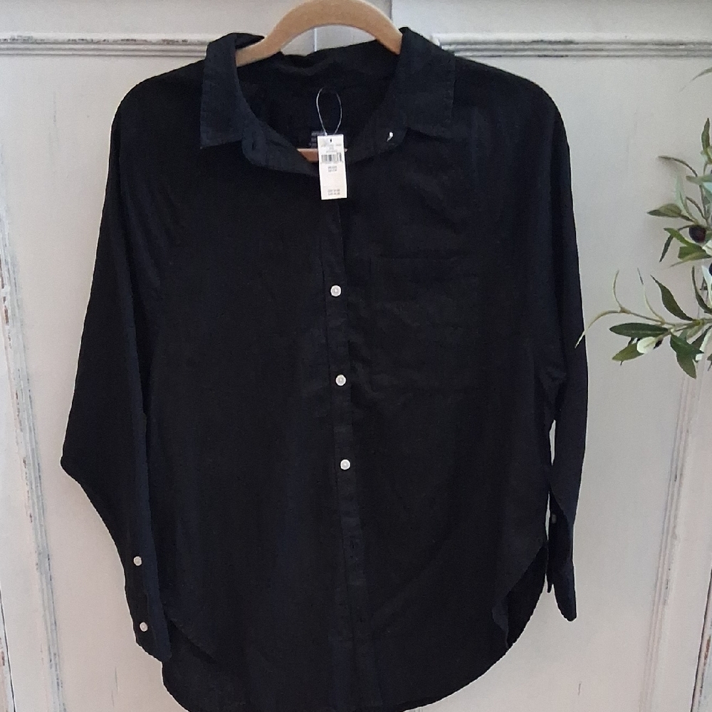Aerie Women's Oversized  Linen Black Button-Down Blouse